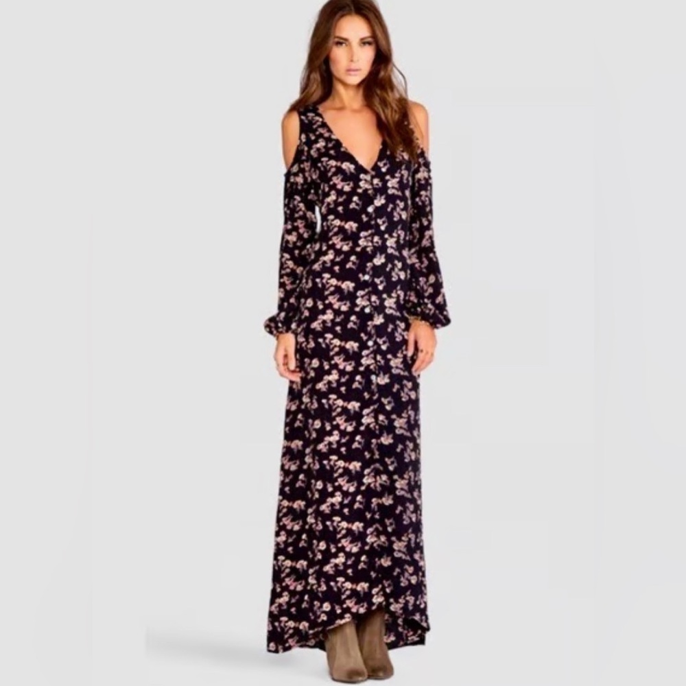 Flynn Skye Romantic Floral Grunge Button Down Cold Shoulder Boho Dress Size M